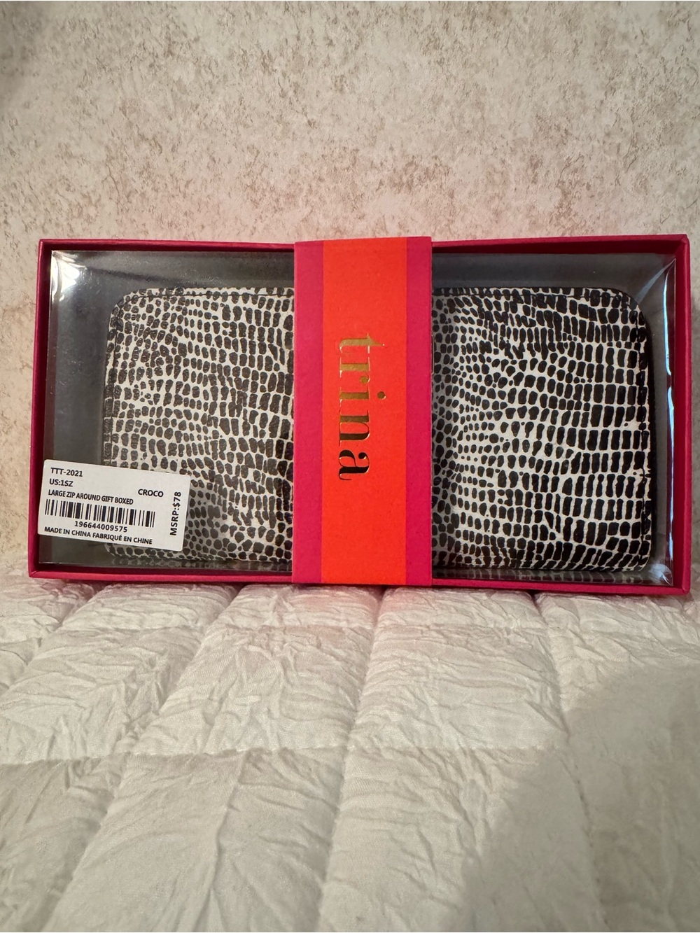 Trina Black & White Croc-Print Wallet